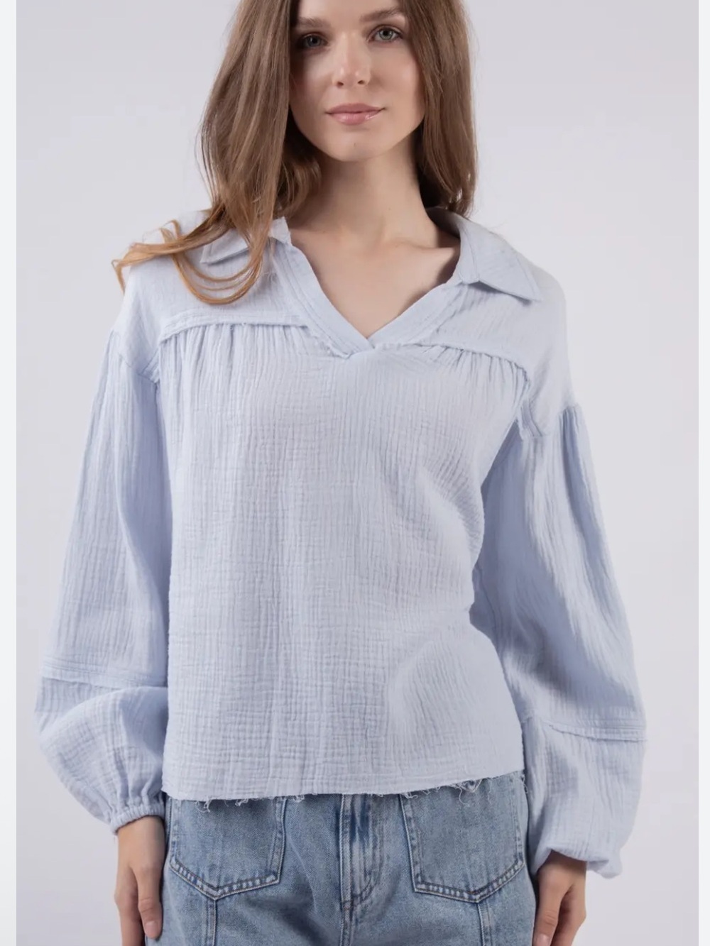 Light Blue 100% Cotton Gauze Boutique Minimalist Top - Picture 2 of 9